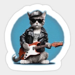 Cute Cat with leather jacket and sunglasses playing electric guitars Sticker